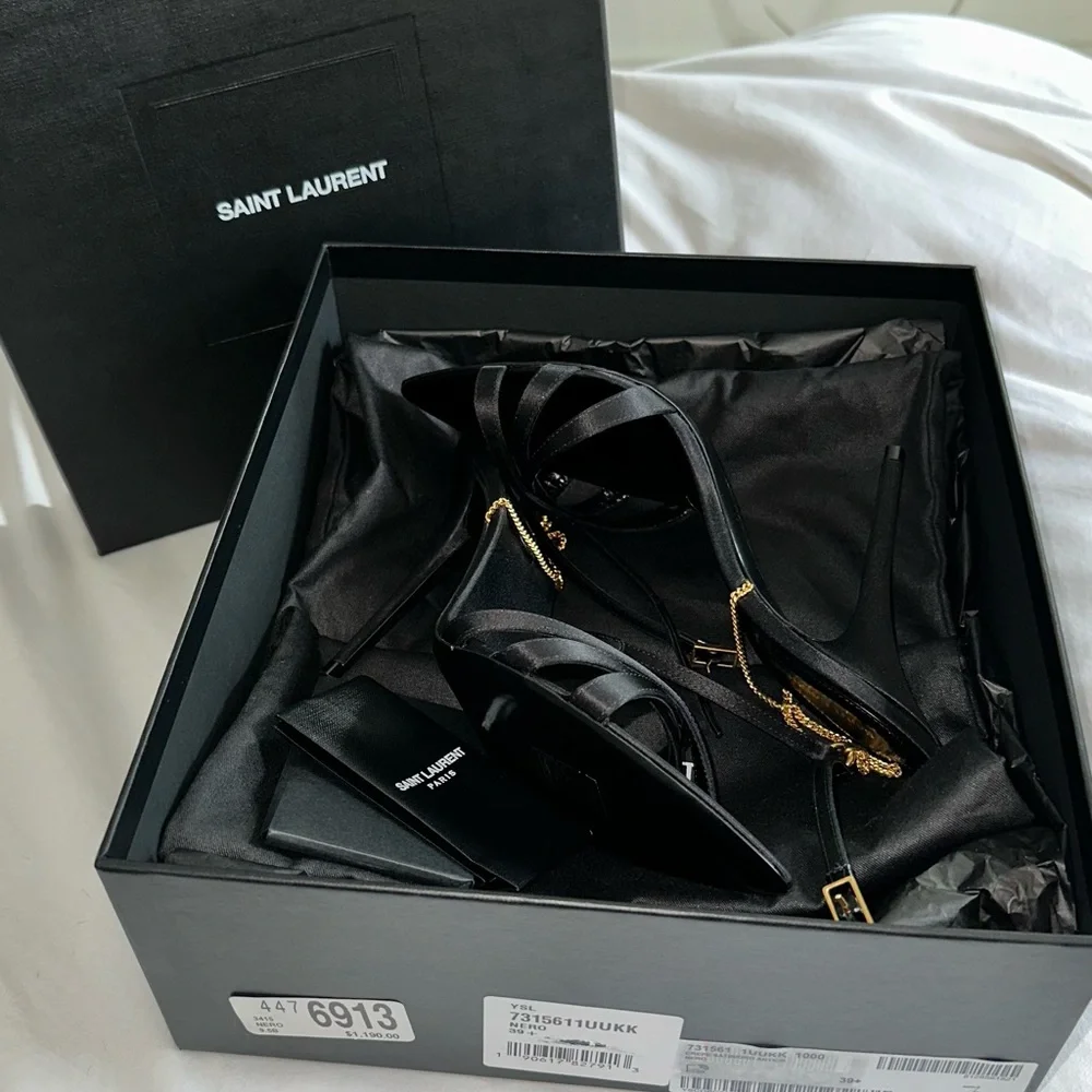 Authentic Saint Laurent Black Satin Chain Heels - Picture 4 of 10